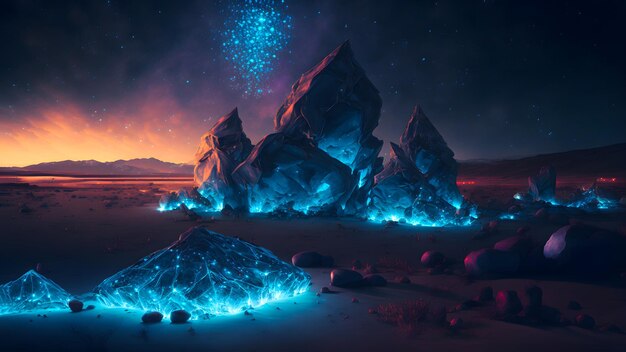 Rocky alien crystal covered planet night landscape neural network generated art