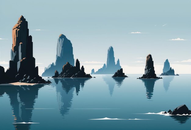 A rocky archipelago with sea stacks rising from the water