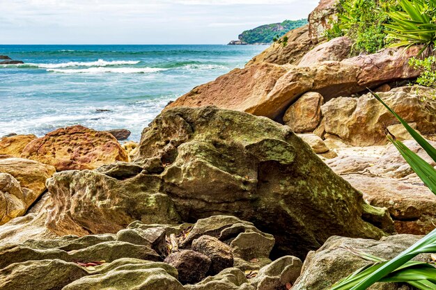 Rocky beach on the coast of Trindade in the municipality of Paraty Rio de Janeiro Brazil