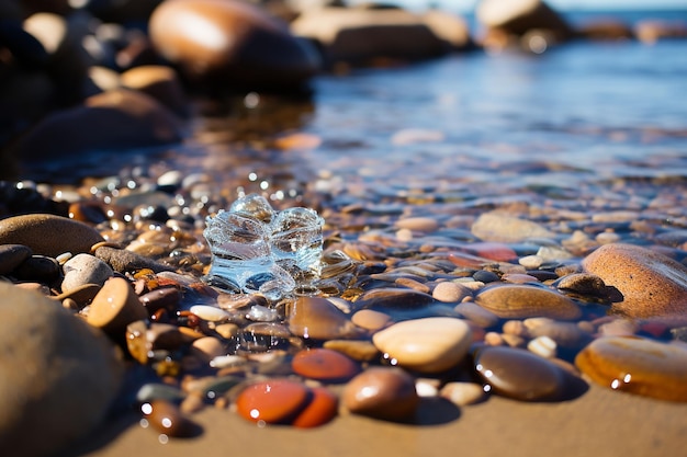 Photo rocky beach during low tide with sea stones