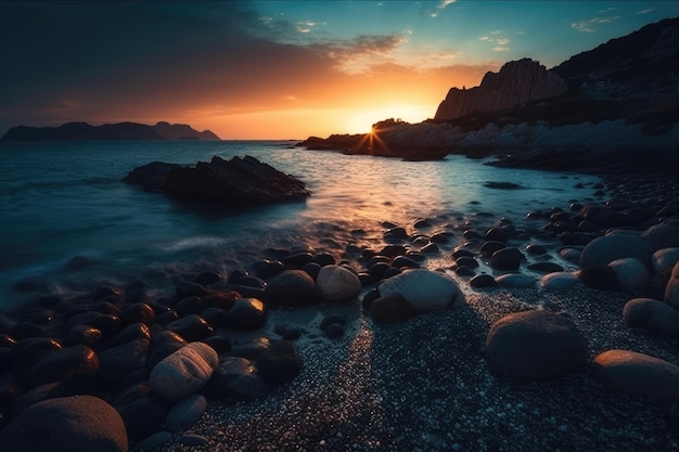 Rocky beach at sunset with warm colors and a calm ocean