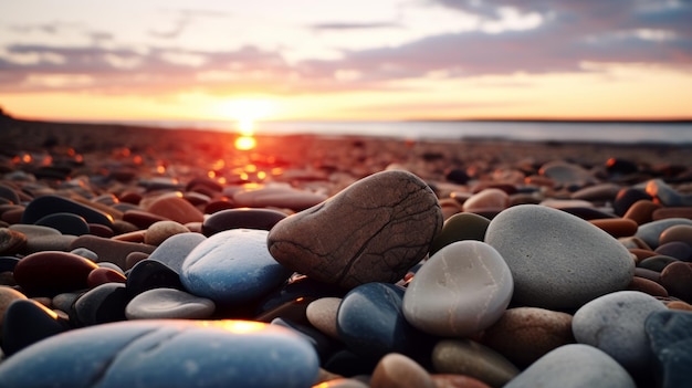 A rocky beach at sunset