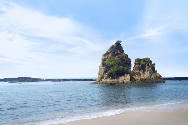 晴れた日に撮影した岩の多いビーチ