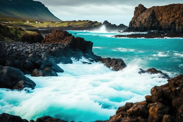 A rocky beach with a blue ocean and a mountain in the background.