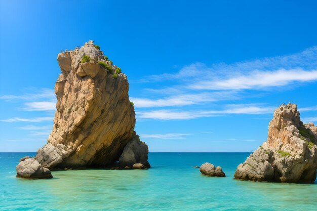 A rocky beach with blue water and blue sky generated by Ai