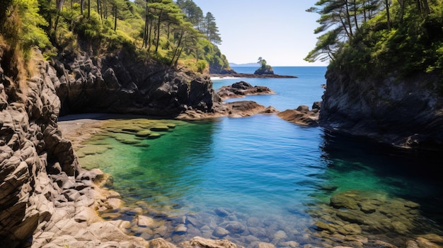 Photo a rocky beach with a blue water and trees on the right