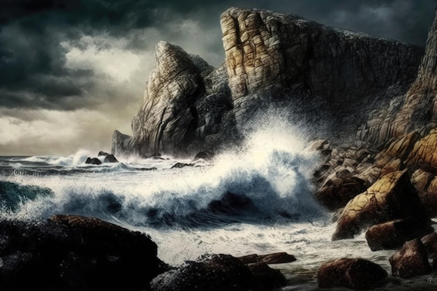 Rocky beach with crashing waves and a dramatic cliff face in the distance