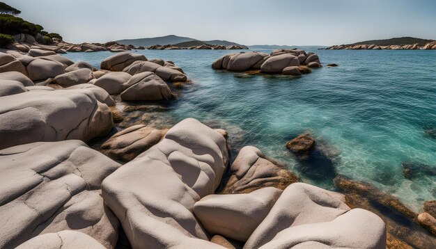 a rocky beach with a large rock in the water and a blue water