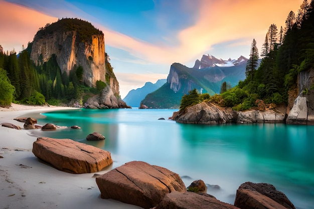 A rocky beach with a mountain in the background