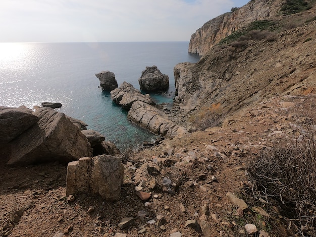 A rocky beach with a rock Steep cliff to the sea