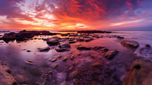 a rocky beach with a sunset