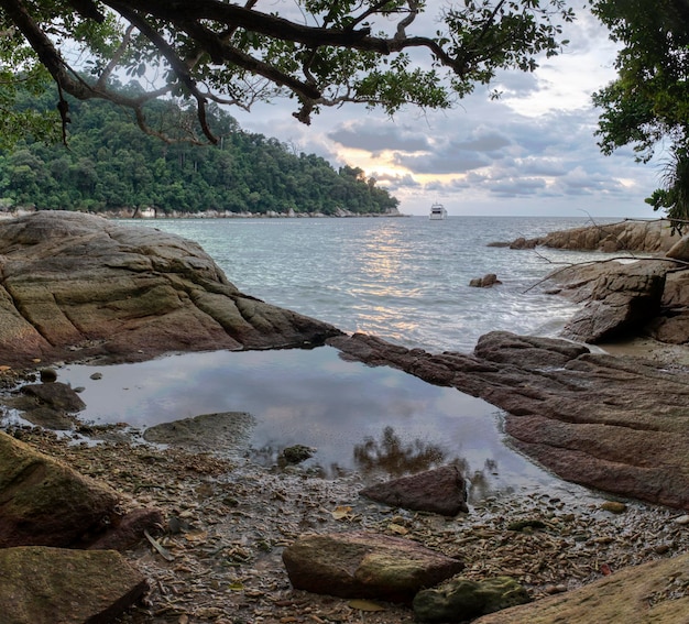 rocky boulder laying along the seaside