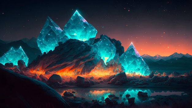 Rocky buitenaards kristal bedekt planeet nachtlandschap neuraal netwerk gegenereerde kunst