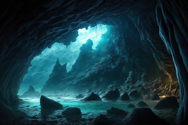 The rocky cave contains ocean water