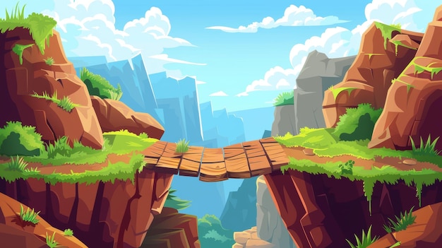 A rocky cliff bridged with a wooden log Cartoon modern mountain landscape with a road over a chasm Precipice with pathway between brown stone edges