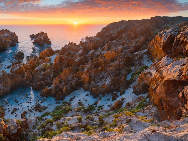 A rocky cliff with a sunset in the background