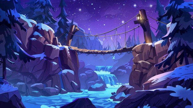 A rocky cliff with a wooden log bridge at nighttime Cartoon modern night mountain landscape with a suspension road over a deep chasm near a waterfall Precipice with a walkway above a river