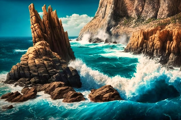 Rocky cliffs and crashing waves against a backdrop of blue sky and sea