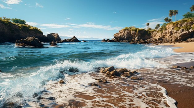 Photo rocky cliffs flowing blue water sandy coast breaking waves