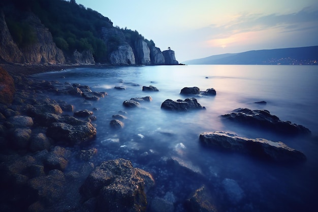 日没時の黒海の岩だらけの海岸クリミア半島ウクライナ