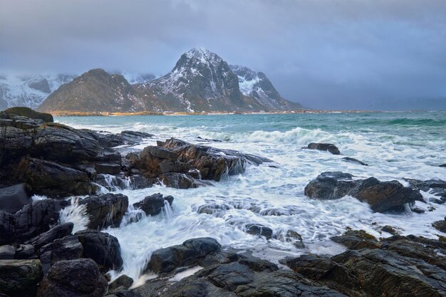 Rocky coast of fjord in Norway