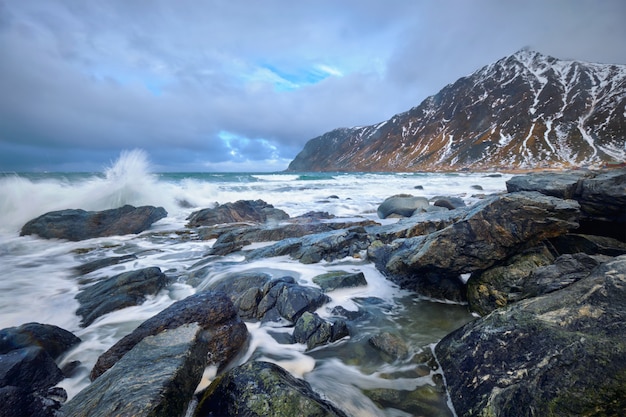 Rocky coast of fjord in Norway