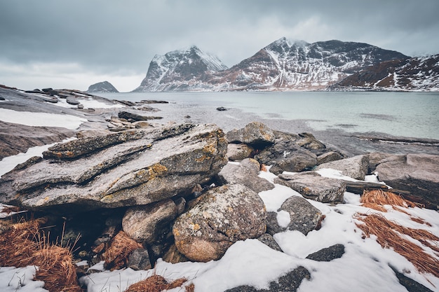 Rocky coast of fjord in Norway