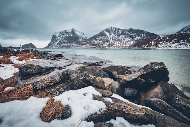 Rocky coast of fjord in Norway