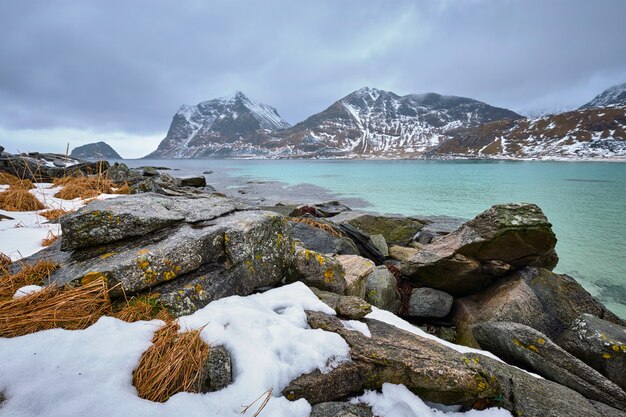 Rocky coast of fjord in Norway