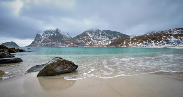 Rocky coast of fjord in Norway