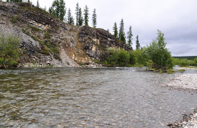 Rocky coast of mountain river