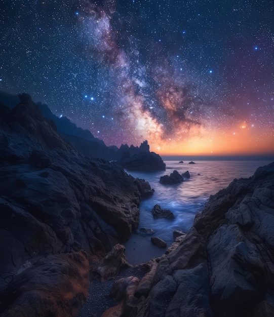 Photo rocky coast under the night sky full of stars