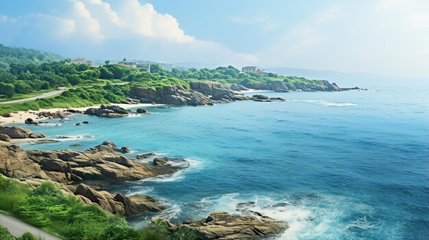 a rocky coast with a blue ocean and a green house in the background