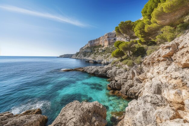 A rocky coast with a blue sea and trees on the side