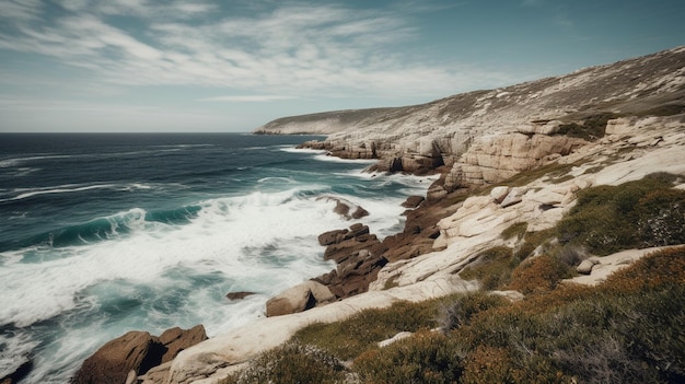 A rocky coast with waves crashing on the rocks and the ocean in the background