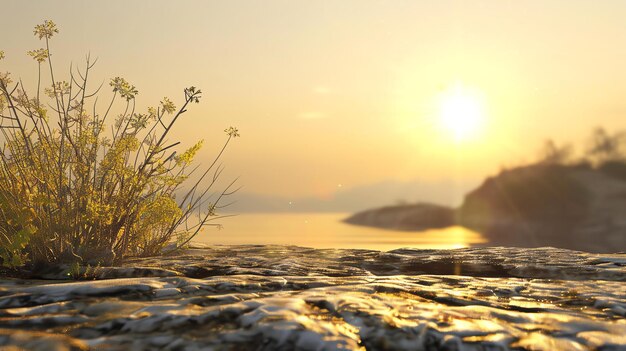 Photo rocky coast with yellow flowers in the foreground and blurred sea and sky in the background