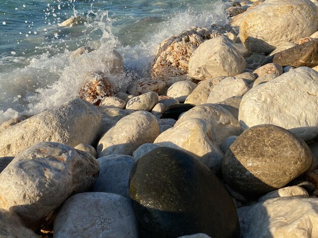 Rocky coastal landscape scene at shore of ocean High quality photo