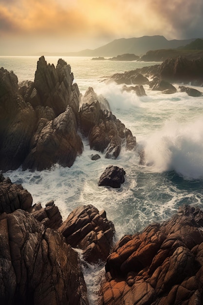 Rocky coastline with dramatic waves splashing created with generative ai