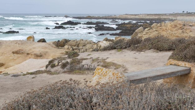 岩だらけの岩だらけの海の海岸海の波モントレーカリフォルニア木製の空のベンチ