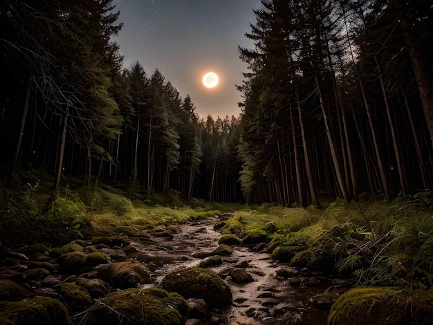 Скалистый глубокий лесной ручей с яркой полной луной в пейзаже полуночного неба