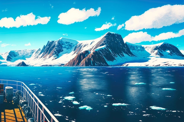 Rocky islands and snowcapped mountains cape in blue sky view from ship deck