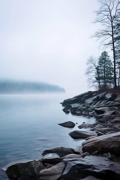 Rocky lake shore with leafless trees in the fog