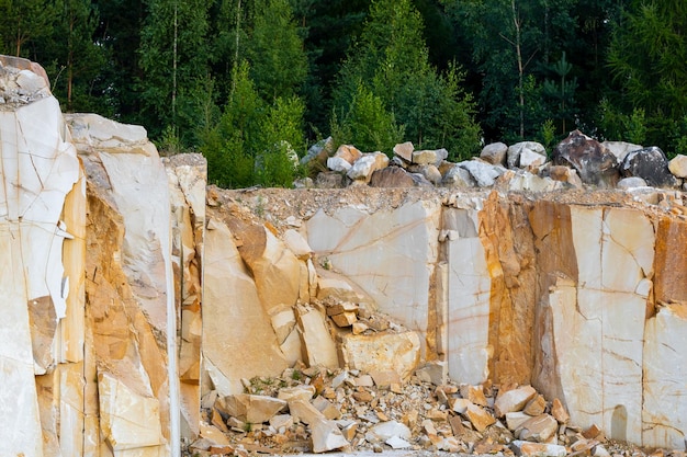 Rocky landscape in a sandy stone quarry trees on the rocks