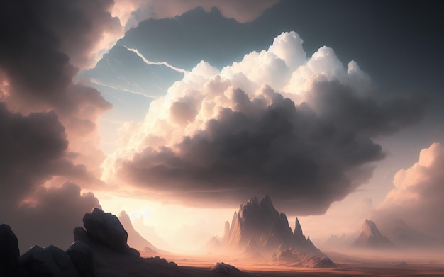 巨大な雲のある岩の多い風景 土砂降りが降りそうな暗くて暗い場所