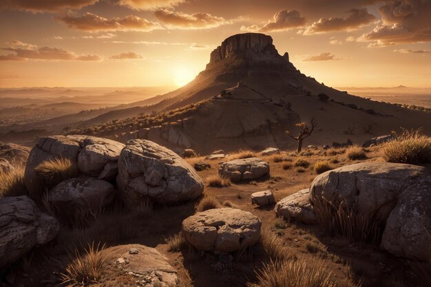 Rocky landscape with a mountain under the golden sky