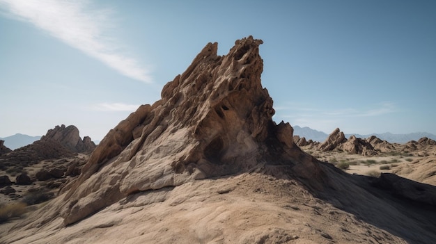 A rocky landscape with mountains in the background