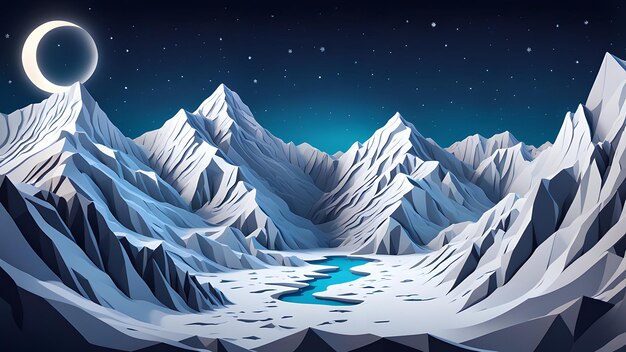 Photo rocky mountain range covered by snow in winter with glacier at night in paper cut style