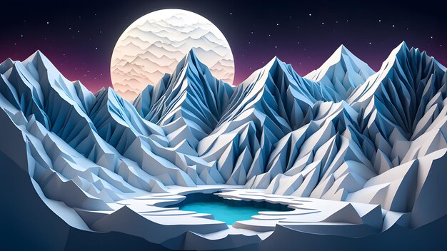 Photo rocky mountain range covered by snow in winter with glacier at night in paper cut style