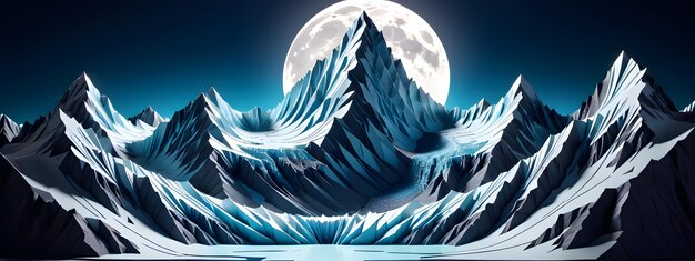 Photo rocky mountain range covered by snow in winter with glacier at night in paper cut style