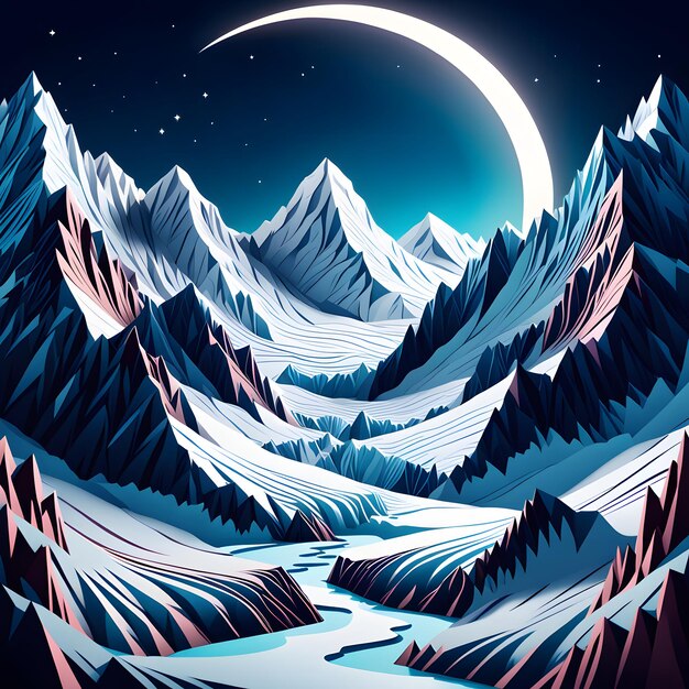 Photo rocky mountain range covered by snow in winter with glacier at night in paper cut style